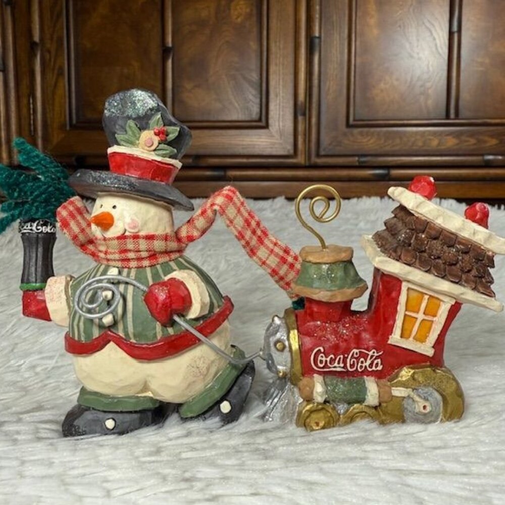 Vintage Coca-Cola Glittery Snowman Pulling Coca-Cola Train Heavy Resin Figurine